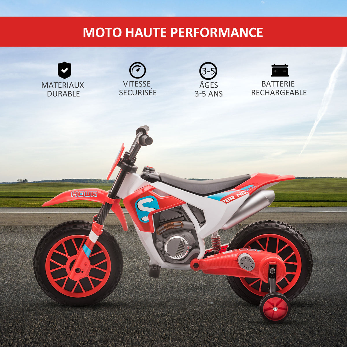 Moto Cross électrique Enfant 3 à 5 Ans 12 V 3-8 Km/h avec roulettes latérales Amovibles dim. 106,5L x 51,5l x 68H cm Rouge