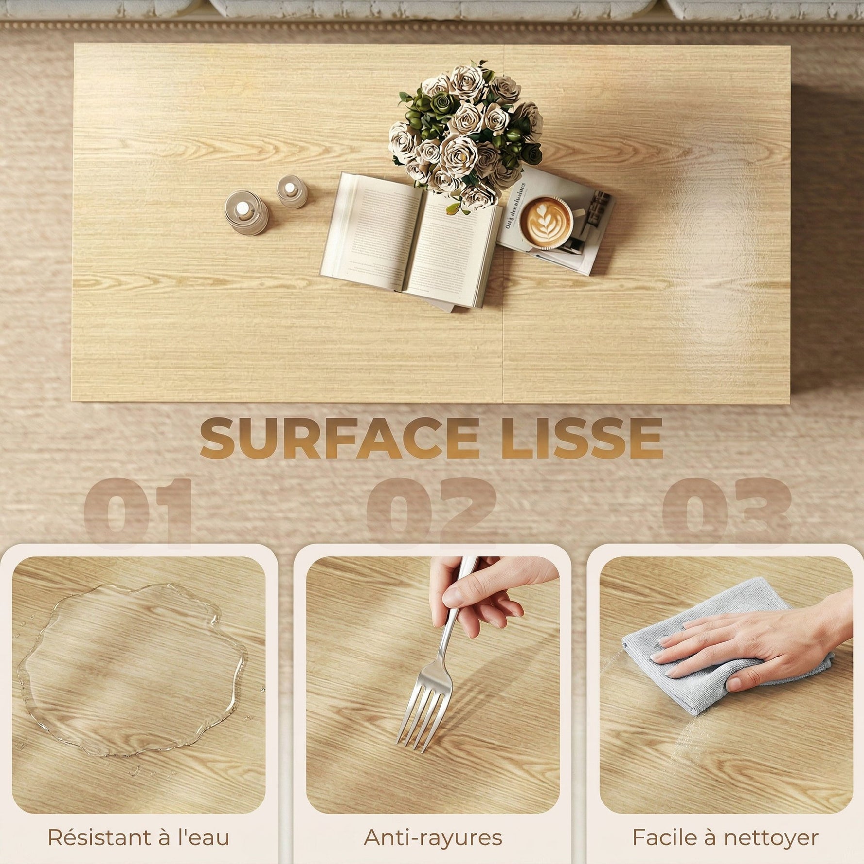 Table basse relevable avec double plateau, table de salon avec compartiment caché et pieds en métal, bois naturel