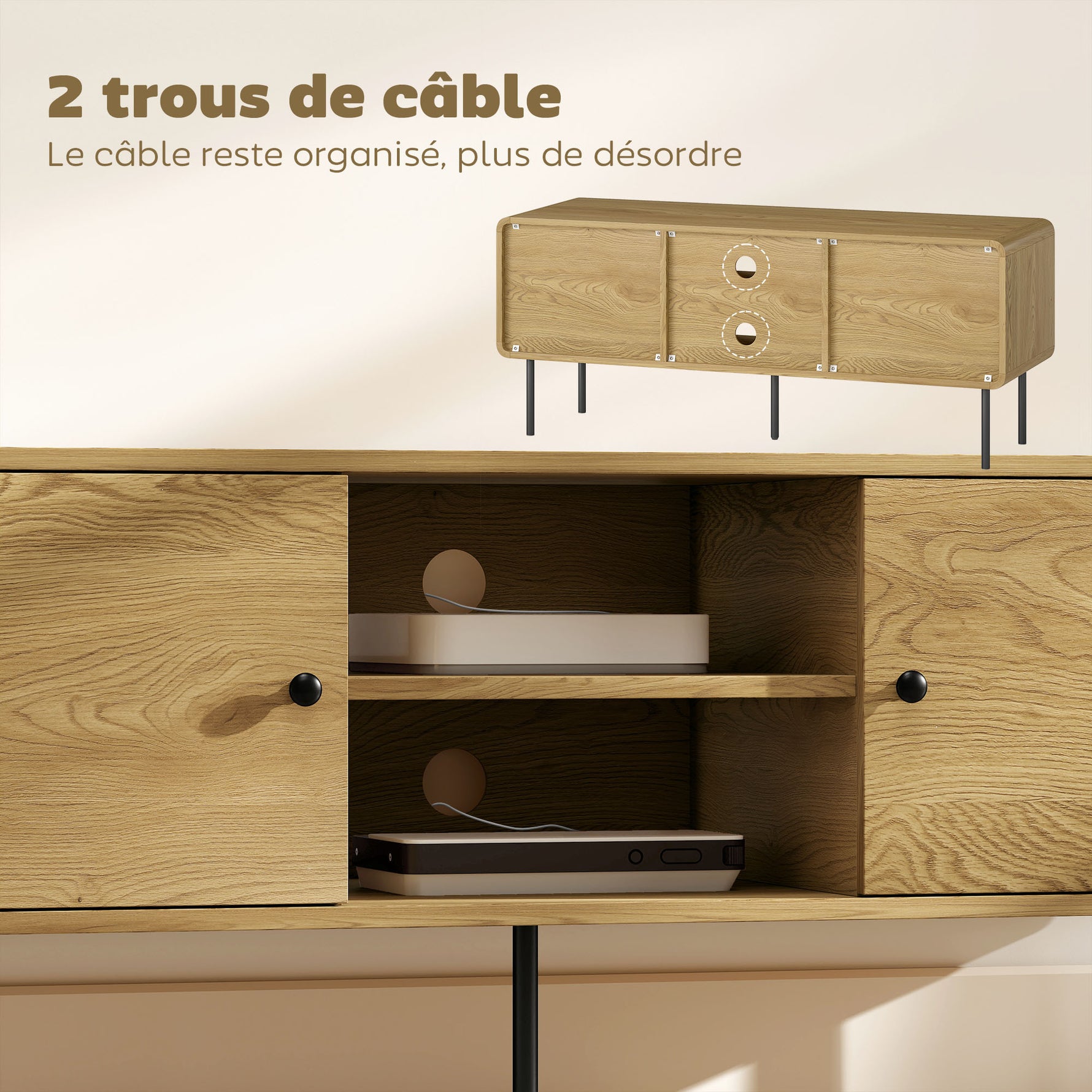 Meuble TV, meuble télé jusqu'à 55 pouces avec 2 portes, 2 compartiments ouverts, pieds en acier, 120x40x50cm, chêne