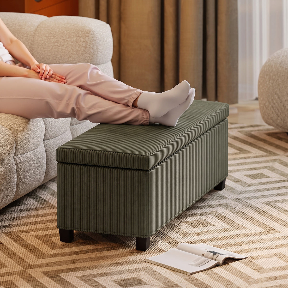 Banc de Rangement, Bout de Lit en Velours Côtelé avec Couvercle, pour Salon, Chambre, Entrée, 112x42x40 cm, Vert Clair