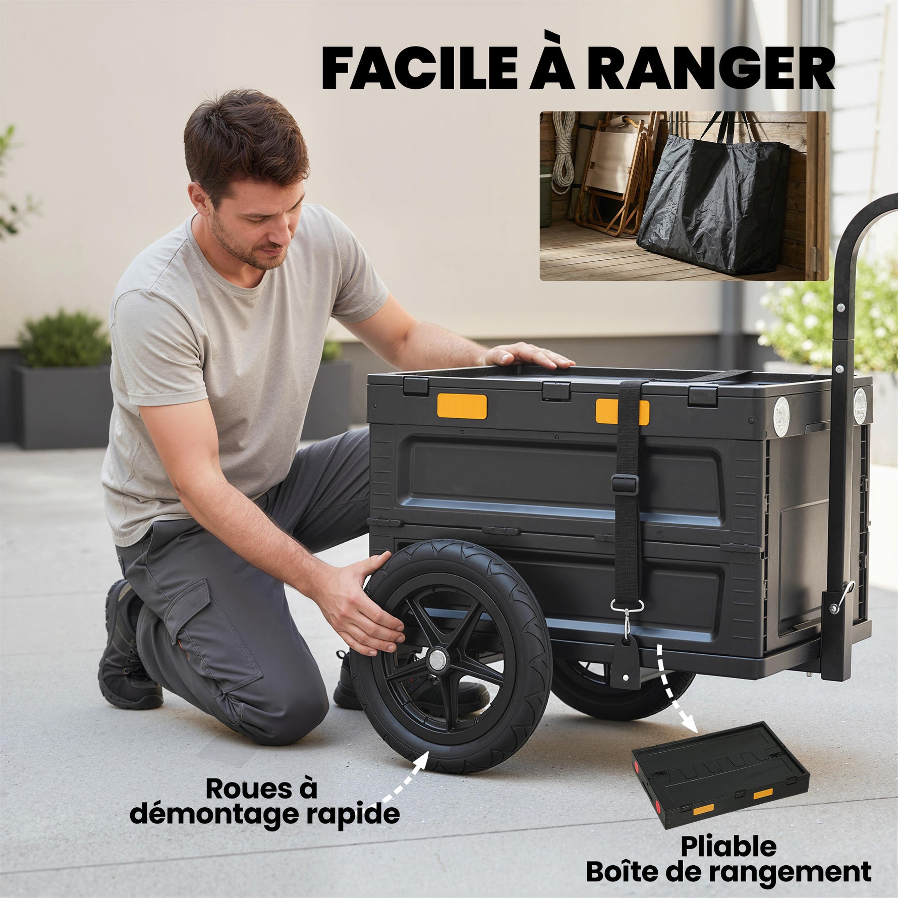Remorque Vélo Cargo Chariot de Transport Pliable Caisse Plastique 65L Couvercle Dégagement Rapide 145x51,5x72cm Noir