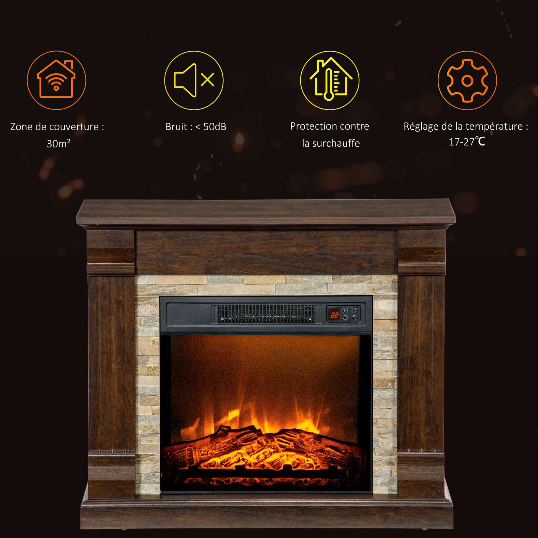Cheminée électrique, cheminée décorative 1800W effet flamme, luminosité et température réglables, 80x21,6x67,8cm, marron