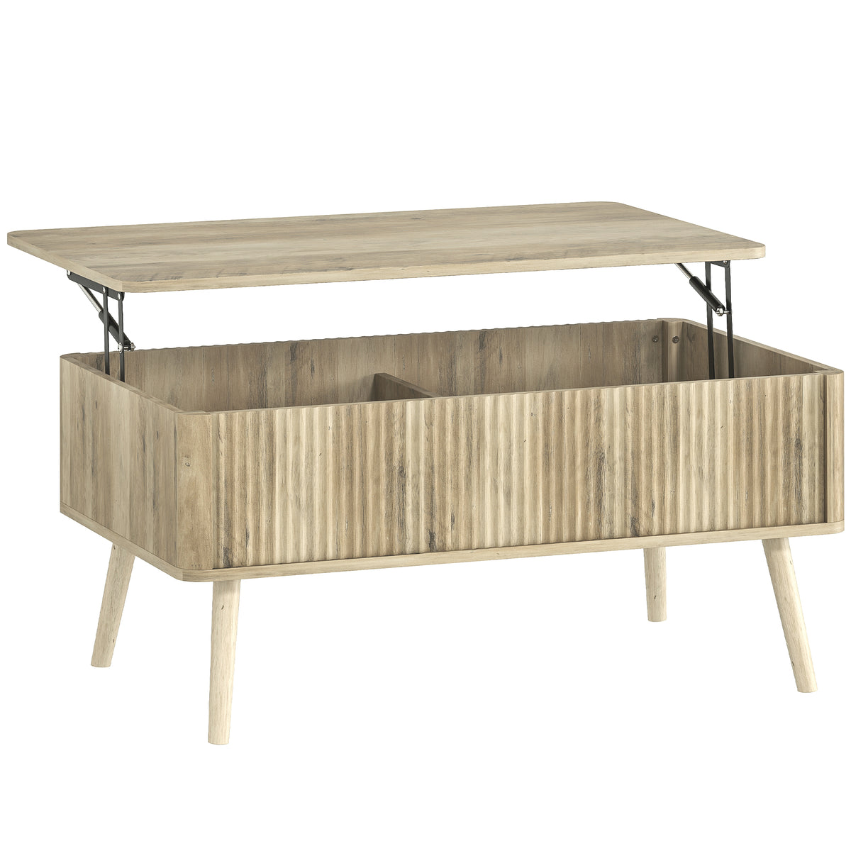 Table basse relevable, table de salon avec 2 compartiments cachés et pieds en pin, 91 x 56 x 43 cm, chêne