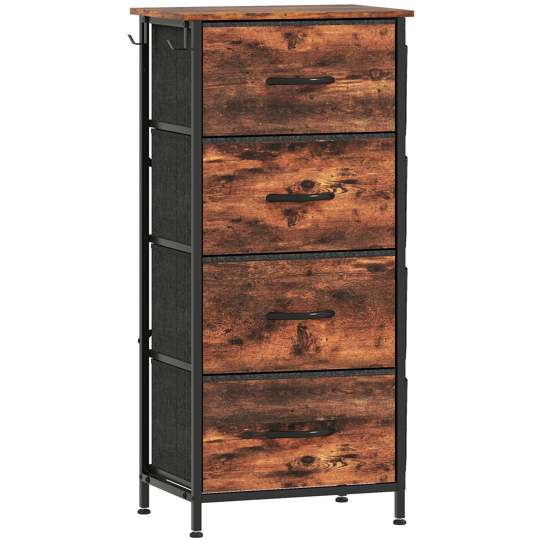 Commode 4 tiroirs en tissu, meuble de rangement avec 4 poches, 2 crochets, structure en acier, 45 x 30 x 94,5 cm, marron