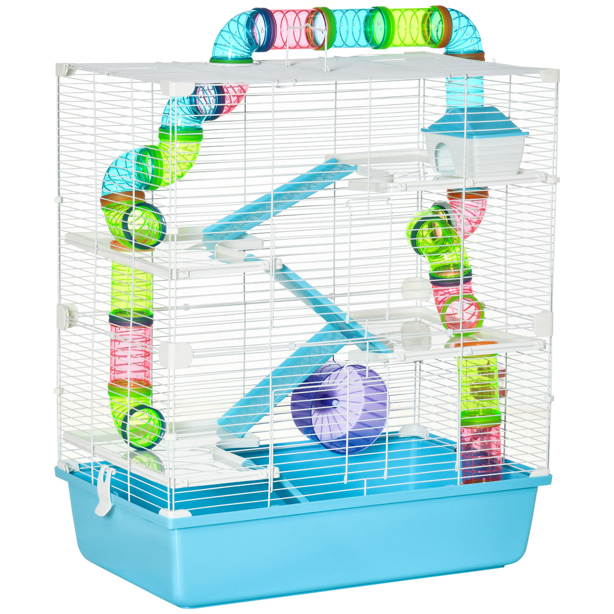 Grande cage pour hamsters cage pour rongeur 5 niveaux avec tunnels abreuvoir roue maisonnette échelles dim. 59L x 36l x 69H cm