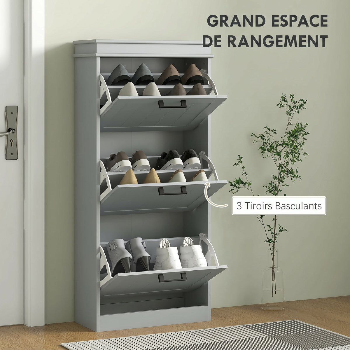 Meuble à chaussures, armoire à chaussures 3 portes abattants 15 paires, étagères réglables, 54 x 24 x 117,5 cm, gris