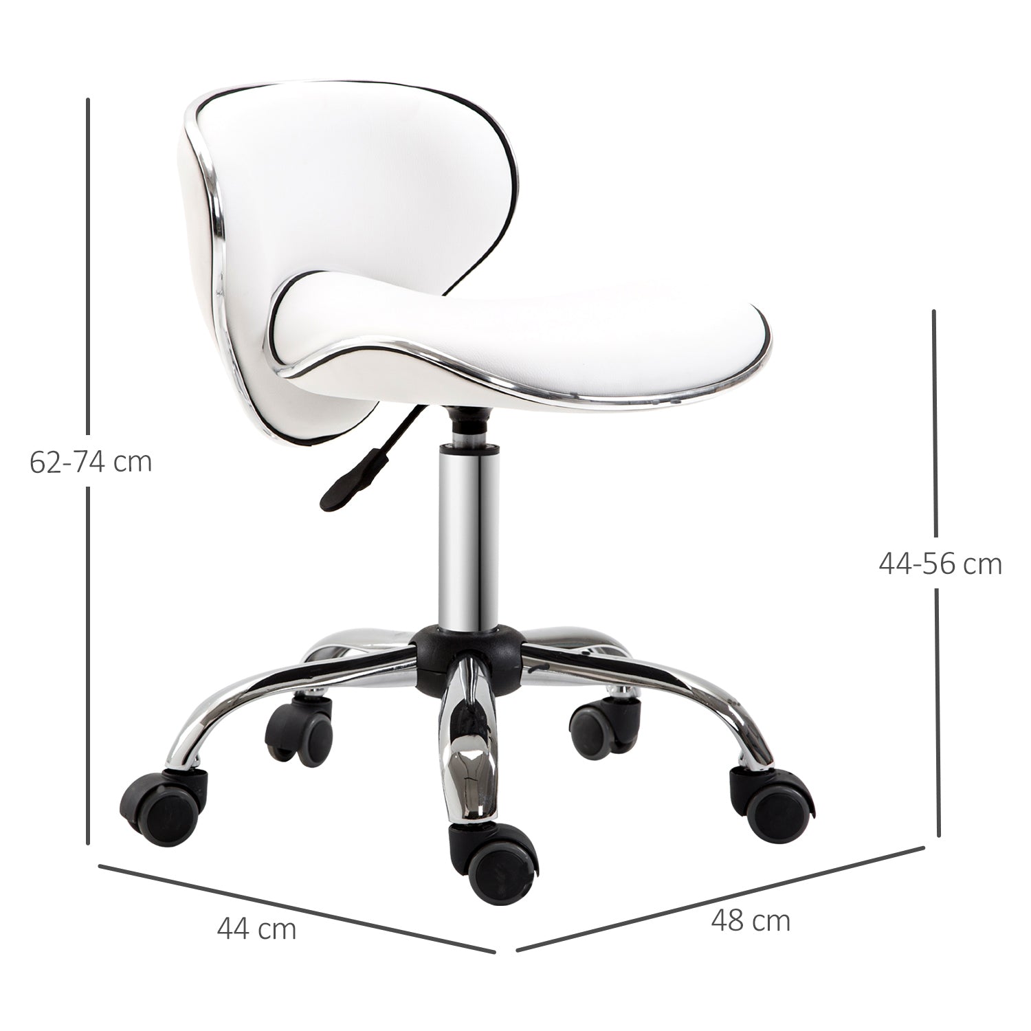 Tabouret à roulettes tabouret de travail avec hauteur réglable 44-56 cm et dossier, pivotant 360°, blanc