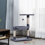 Tiragraffi per gatti, 3 colonne in sisal naturale, piattaforma, amaca e pallina sospesa, dim. 50L x 36P x 70A cm, in peluche corto grigio