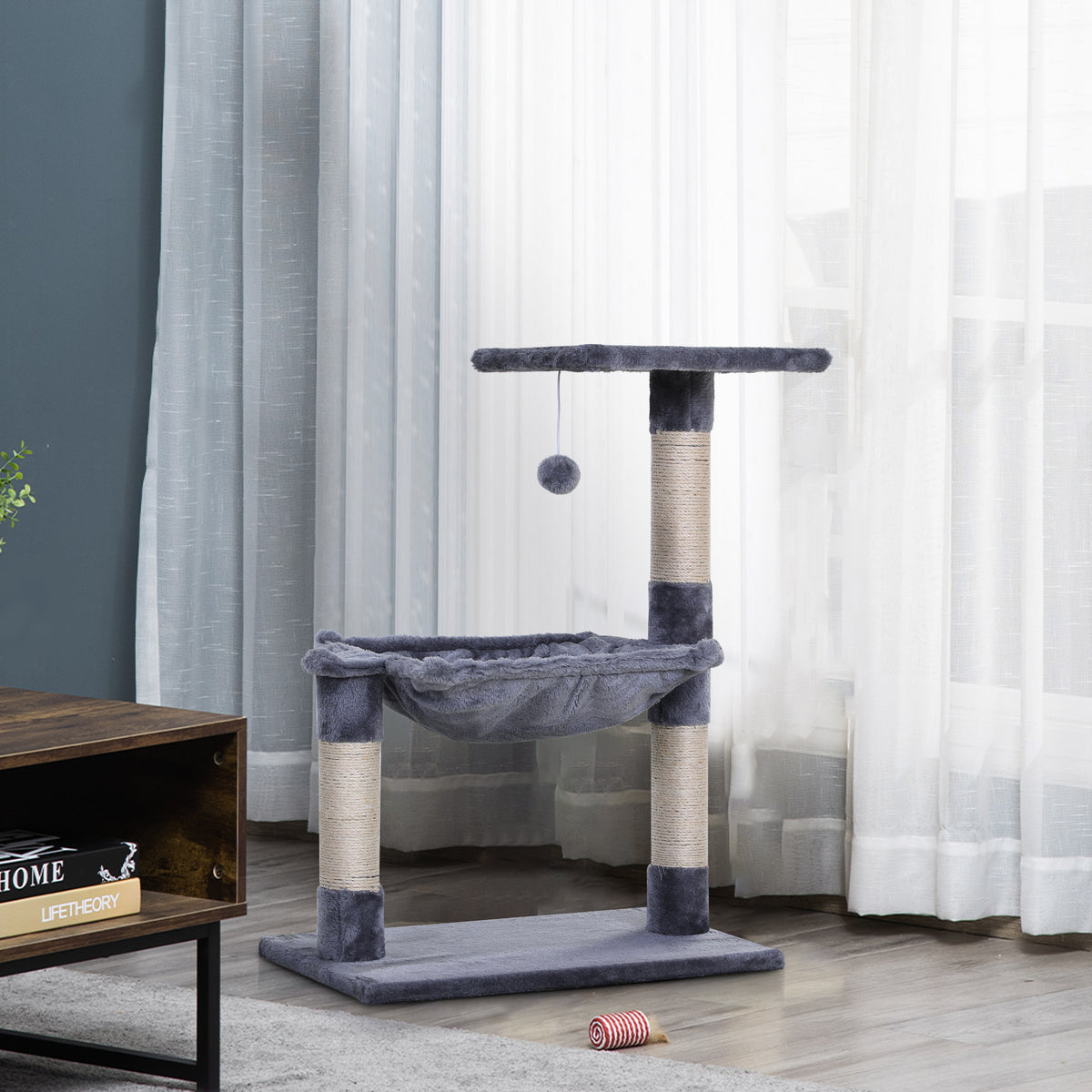 Tiragraffi per gatti, 3 colonne in sisal naturale, piattaforma, amaca e pallina sospesa, dim. 50L x 36P x 70A cm, in peluche corto grigio