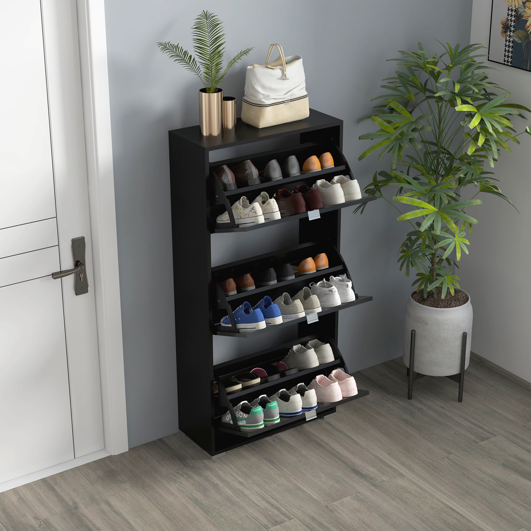 Meuble à Chaussures Armoire à chaussures 3 Portes abattantes 3 Compartiments en bois 60L x 26I x 124H cm Noir