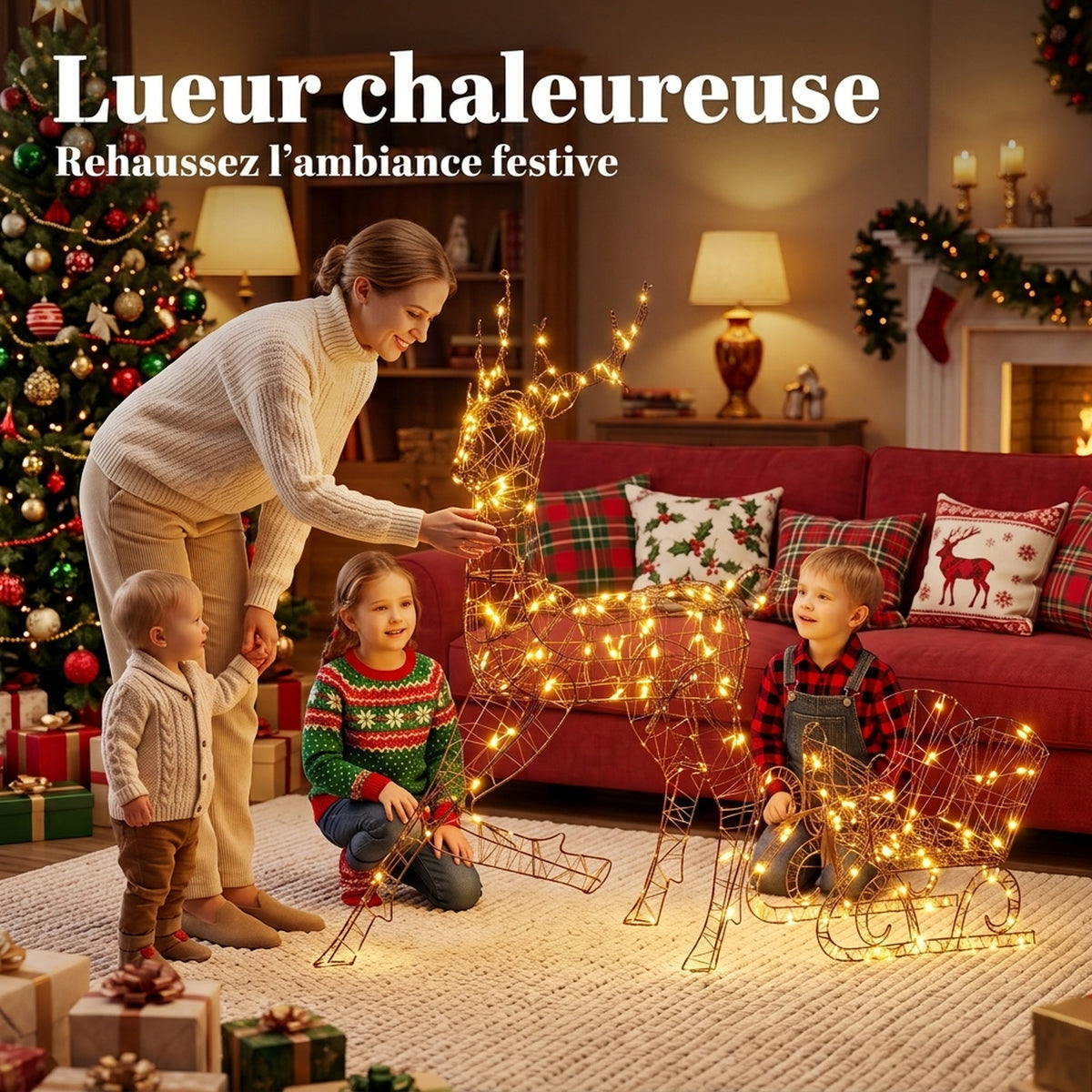 Renna di Natale con Slitta Luminosa 2 Pezzi in Rattan PP, 175 LED Bianco Caldo, 8 Modalità, Timer, 82x32x120cm, Marrone