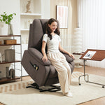 Sillón relax eléctrico reclinable con reposapiés y mando a distancia, tela de poliéster aspecto lino marrón