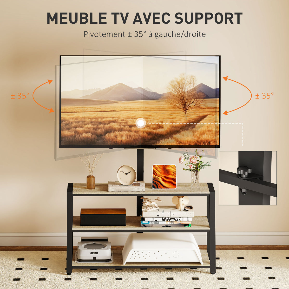 Meuble TV avec support pour téléviseurs de 32-70 pouces, étagères ouvertes, angle ajustable 35°, 108x41x135cm, effet bois naturel