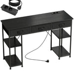 Bureau avec rangement avec prises de courant, 3 tiroirs en tissu et 4 étagères de rangement, 120 x 40 x 76 cm, noir