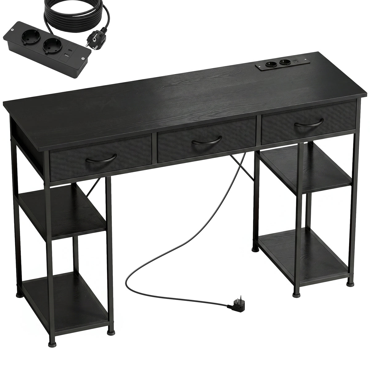 Bureau avec rangement avec prises de courant, 3 tiroirs en tissu et 4 étagères de rangement, 120 x 40 x 76 cm, noir