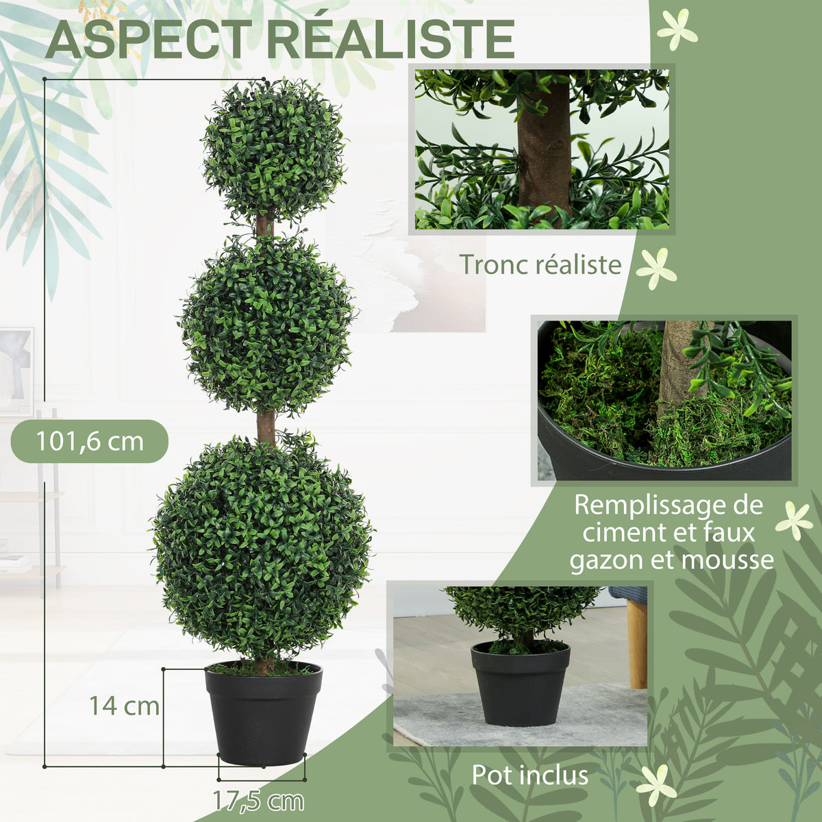 2er-Set künstliche Buchsbaum-Topiary-Bäume, 101,6 cm, 3 Kugeln, künstliche Pflanze aus PE, grün, mit Topf für innen und außen