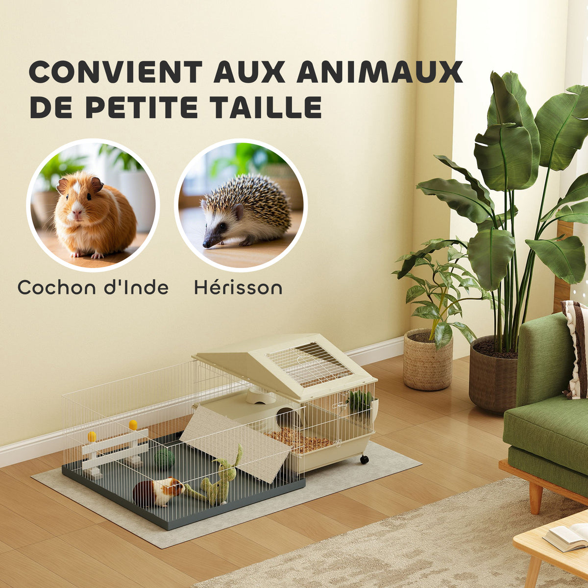 Cage cochon d'inde cage pour petits animaux avec parc amovible tapis imperméable mangeoire à foin 108 x 71 x 57 cm beige
