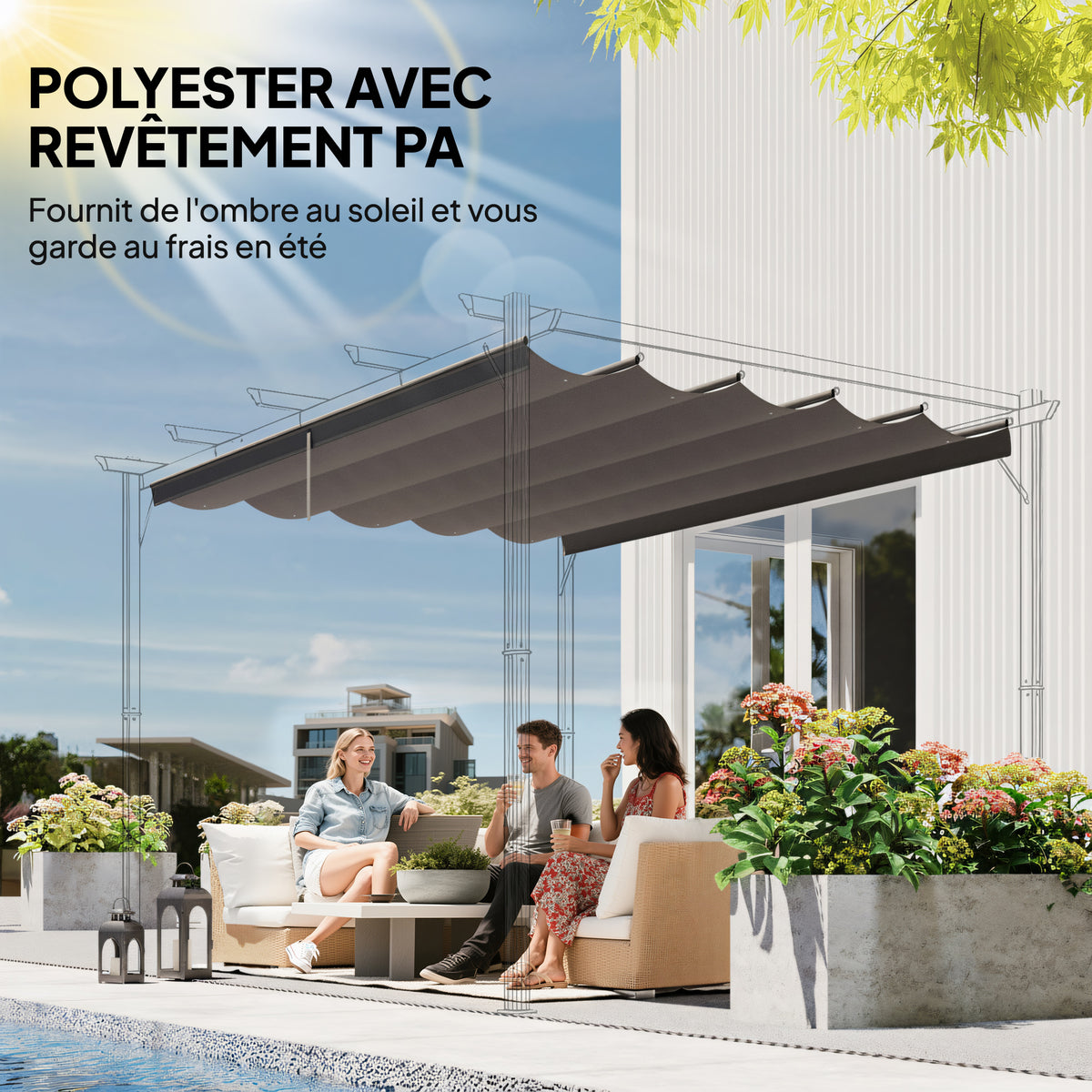 Toile de toit pour pergola tonnelle rétractable de 3 x 3 m - toile uniquement 250 x 255 cm gris clair
