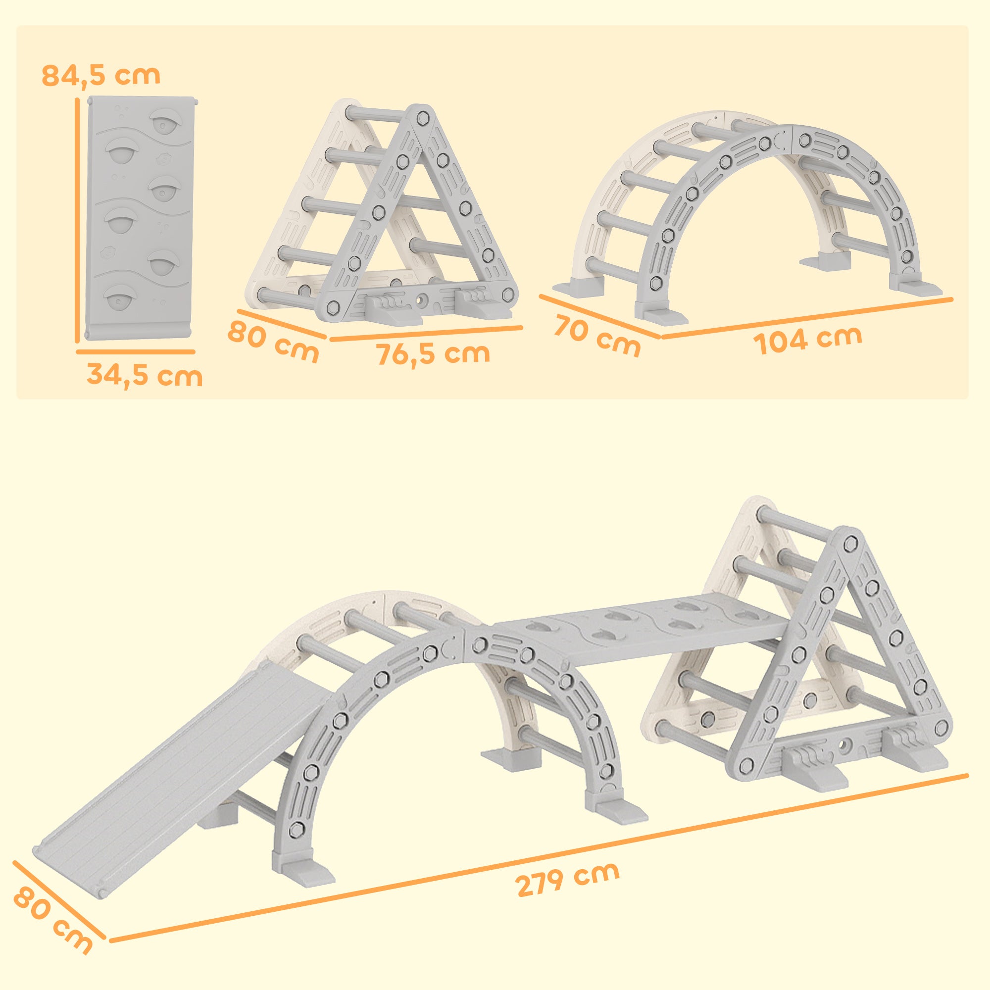 8 en 1 Triangle escalade enfants, arc d'escalade, rampe double-face pour grimper & glisser, 279 x 80 x 69 cm, gris