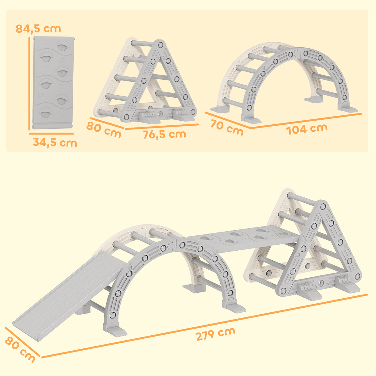 Triangolo da arrampicata 8 in 1 per bambini, arco da arrampicata, rampa bifacciale per arrampicarsi e scivolare, 279 x 80 x 69 cm, grigio