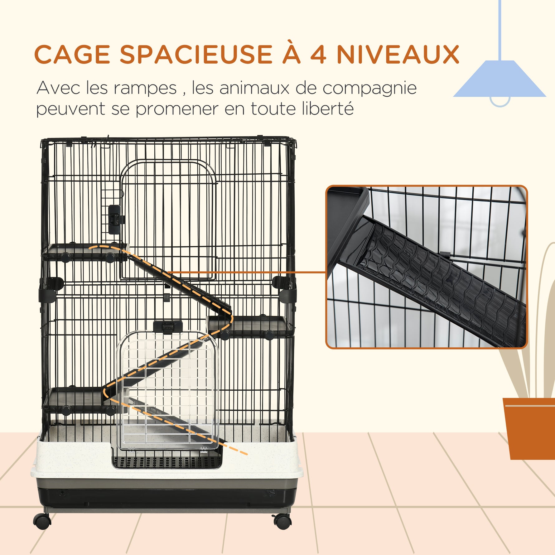 Cage pour petits animaux roulante 3 plates-formes démontables 3 rampes plateau inférieur amovible métal PP 81,2 x 52,7 x 114 cm noir
