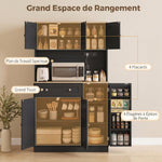 Buffet haut cuisine, armoire de cuisine, station de charge, 6 portes, plan de travail, porte-épices, 100x40x173cm, noir
