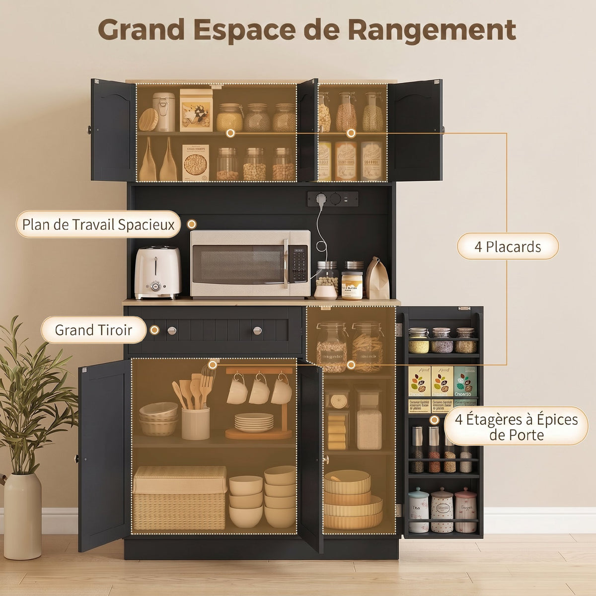 Buffet haut cuisine, armoire de cuisine, station de charge, 6 portes, plan de travail, porte-épices, 100x40x173cm, noir