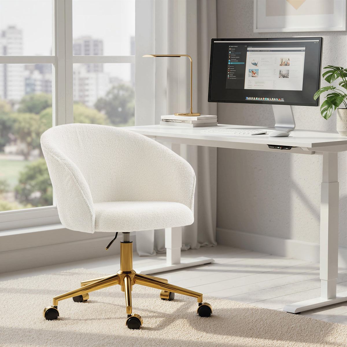 Chaise de bureau, fauteuil de bureau ergonomique réglable en hauteur, siège pivotante, piètement en acier, crème