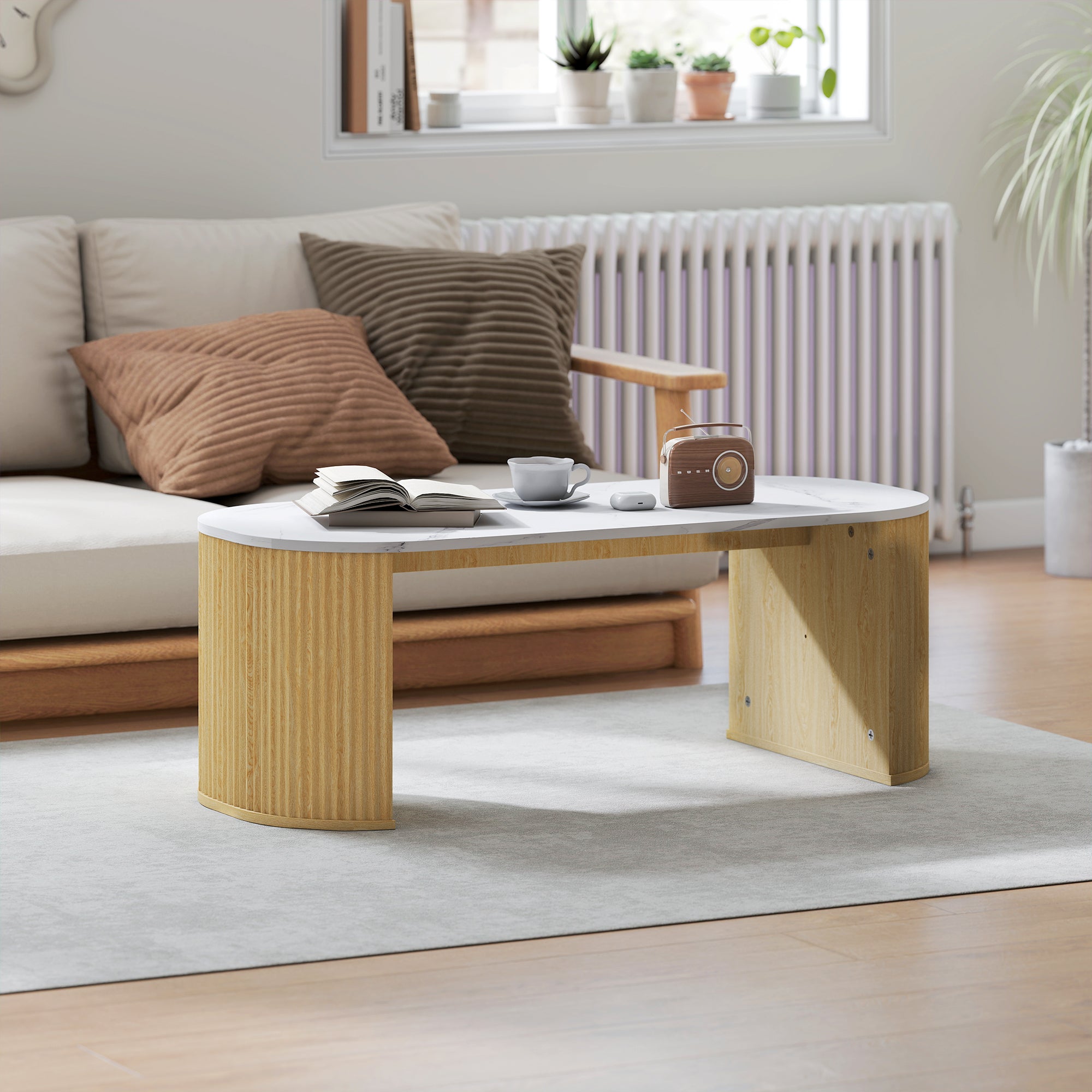 Ovale salontafel, bijzettafel met marmerlook, afgeronde hoeken, dikke poten, 110 x 50 x 40 cm, wit