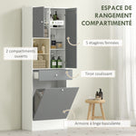 Meuble de salle de bain avec panier à linge et miroir étagère réglable 62 x 28,3 x 181 cm gris et blanc