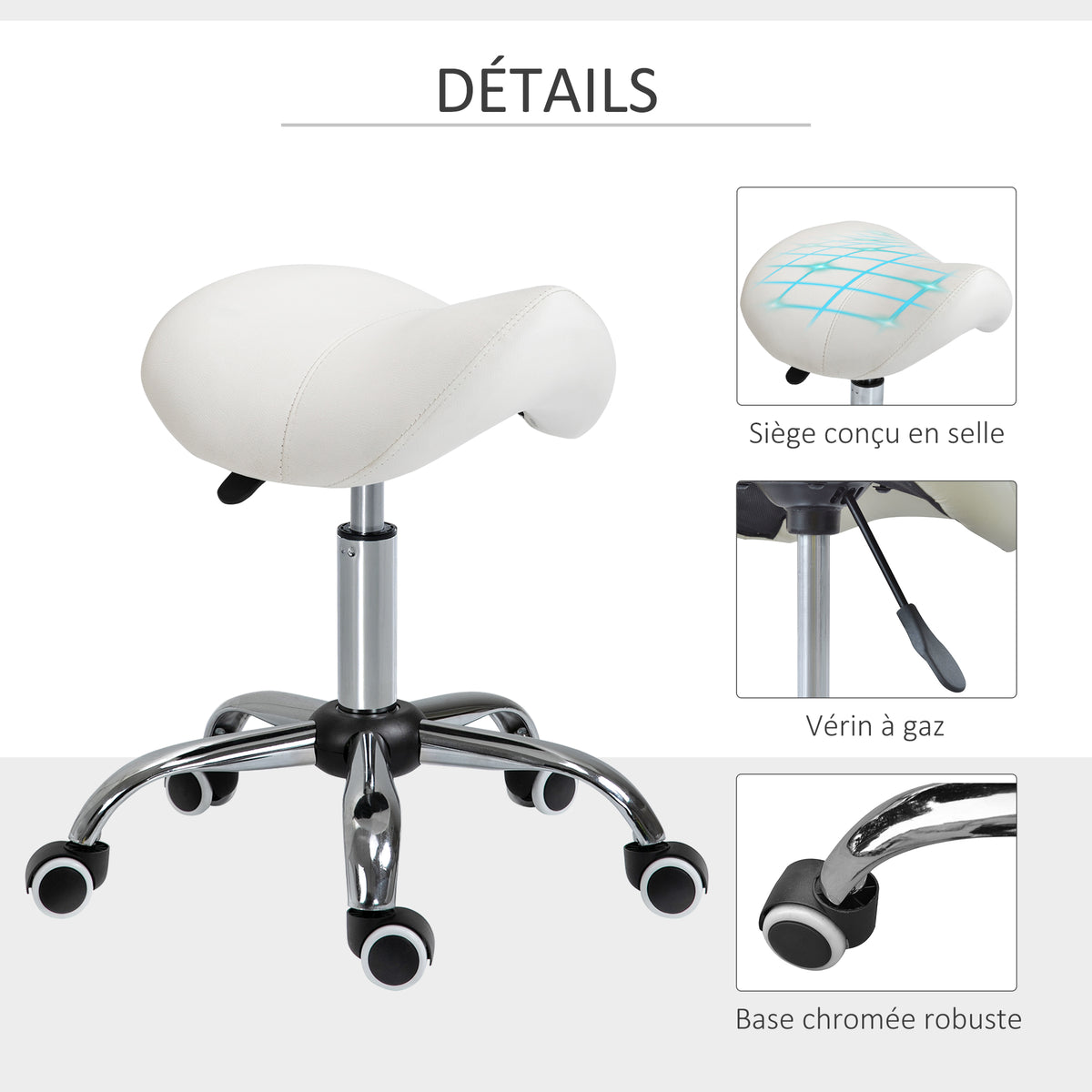 Tabouret à roulettes, tabouret de massage avec hauteur réglable 49-61 cm et selle ergonomique, chaise de travail à roulettes pivotant 360°, pour salon de massage tatouage clinique spa, blanc
