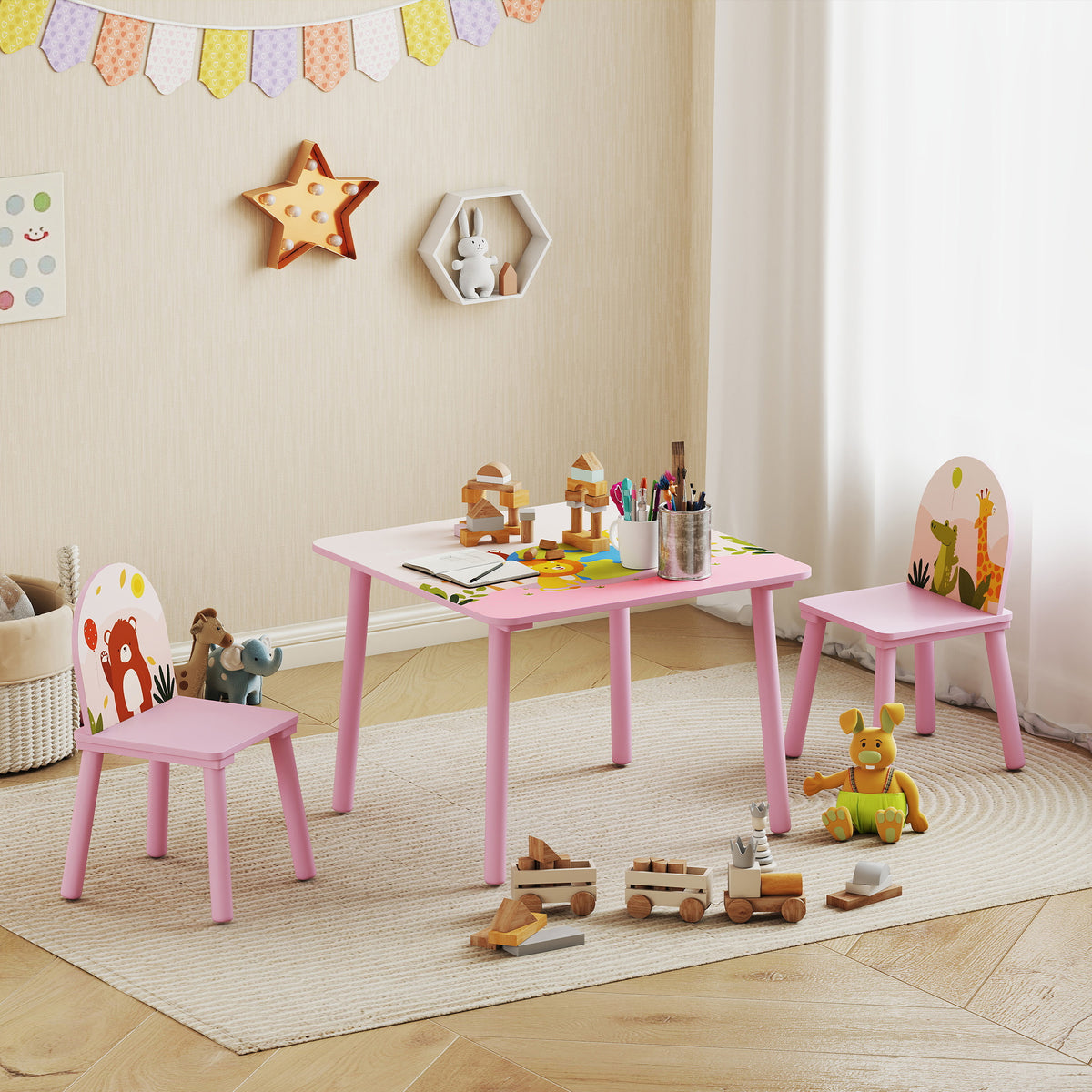 Table enfant avec chaise, ensemble table et 2 chaises en bois pour dessiner, jouer, étudier, rose
