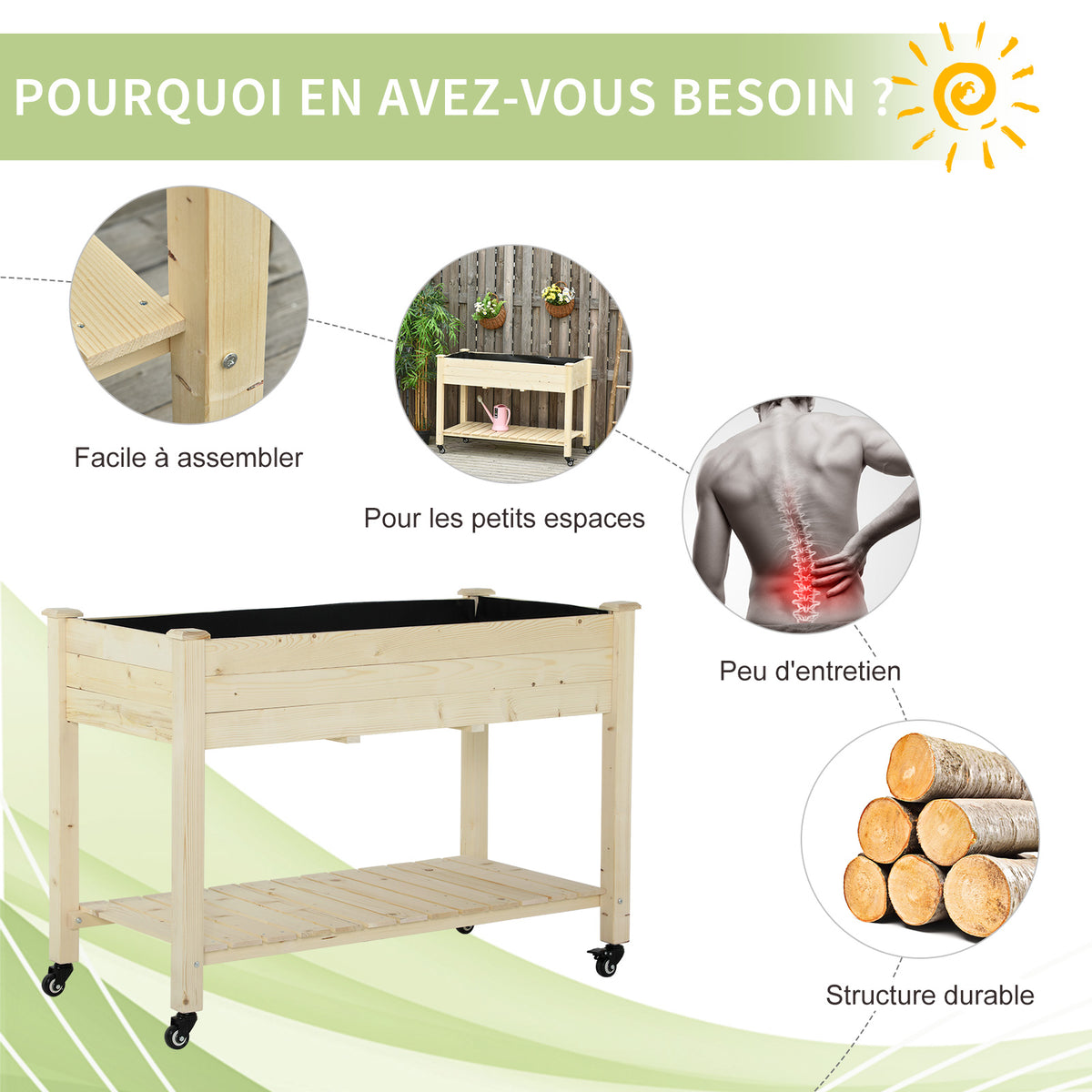 Jardinière sur Pieds - Potager sur roulettes - étagère, Inserts d'irrigation, Feutre de Drainage Inclus - Bois