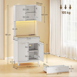 Buffet haut cuisine avec LED et station de charge, armoire de cuisine avec 4 portes, tiroir et plan de travail, blanc