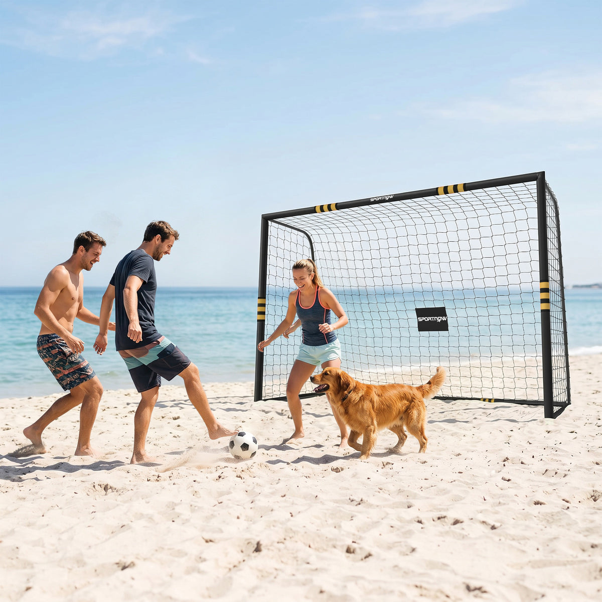 But de Football pour Enfant et Adulte 3 x 2 m, Envoloppé Mousse de Protection, 7 Piquets de Sol, Filet en PE, Jaune