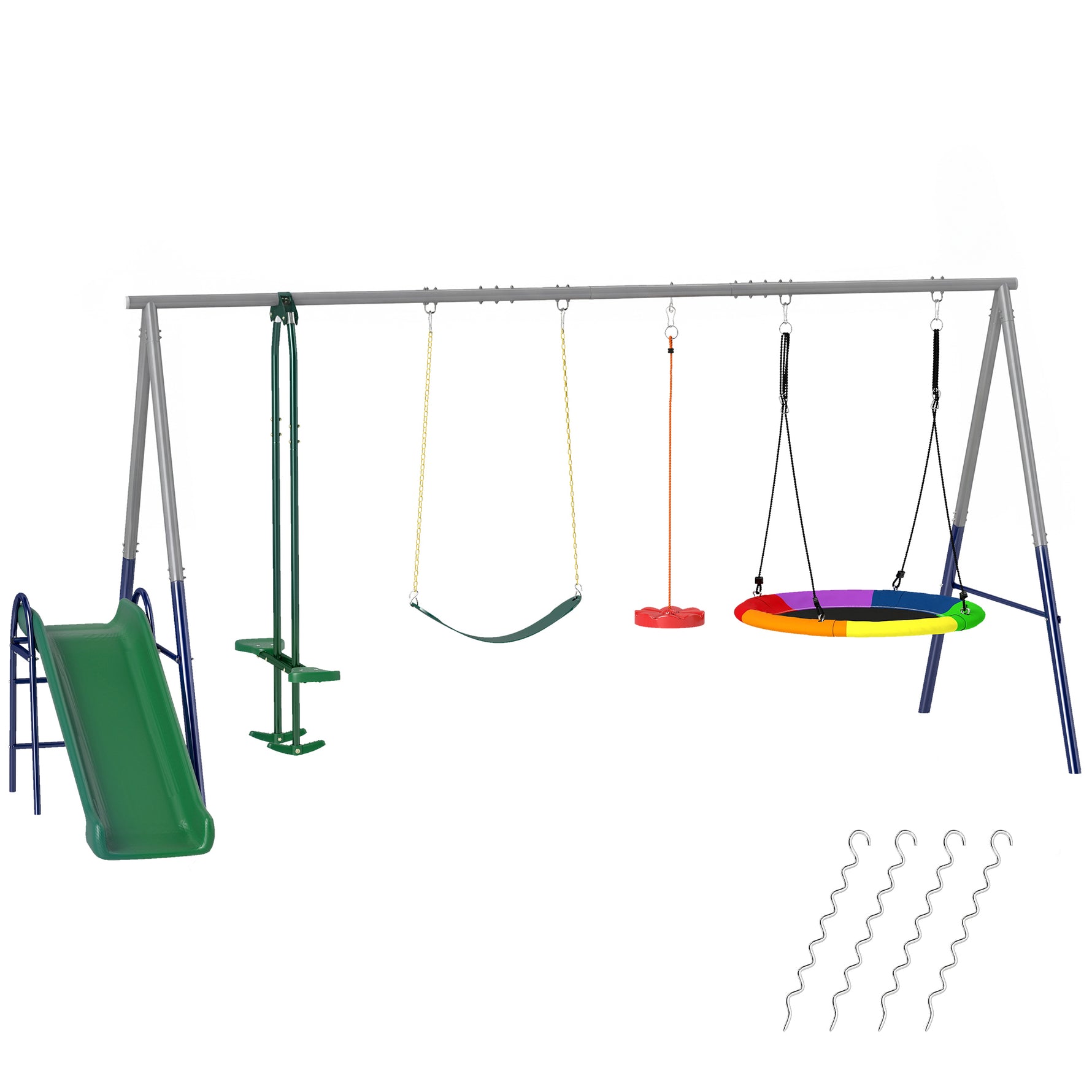 Balançoire Portique Enfants 5 en 1 avec Toboggan, 3 Balançoire, Face à Face, Hauteur Réglable, 3-8 ans, Multicolore