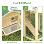 Poulailler clapier modèle chalet multi-équipé : rampes, nichoirs, plateau, en bois massif 204 x 85 x 93 cm bois naturel