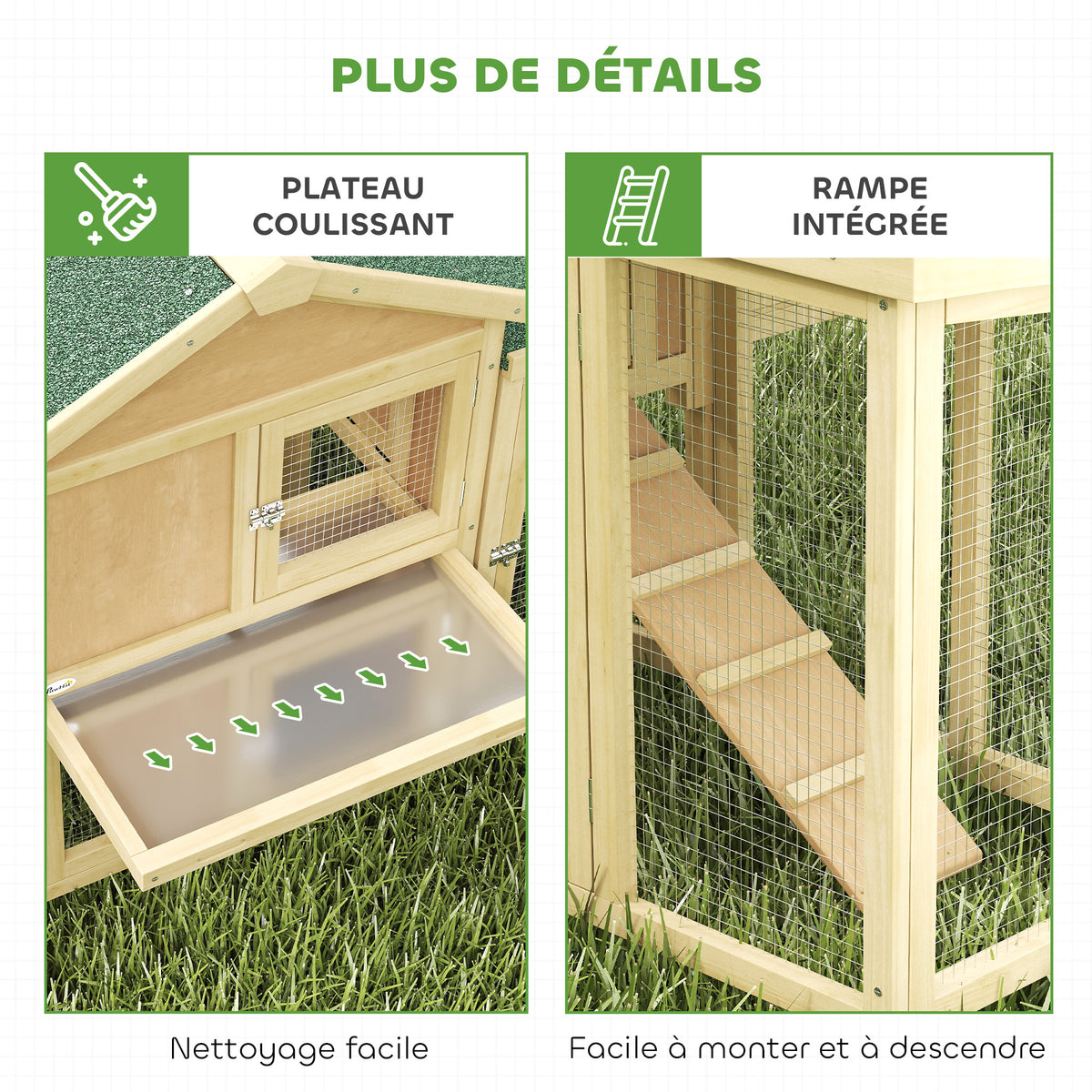 Poulailler clapier modèle chalet multi-équipé : rampes, nichoirs, plateau, en bois massif 204 x 85 x 93 cm bois naturel