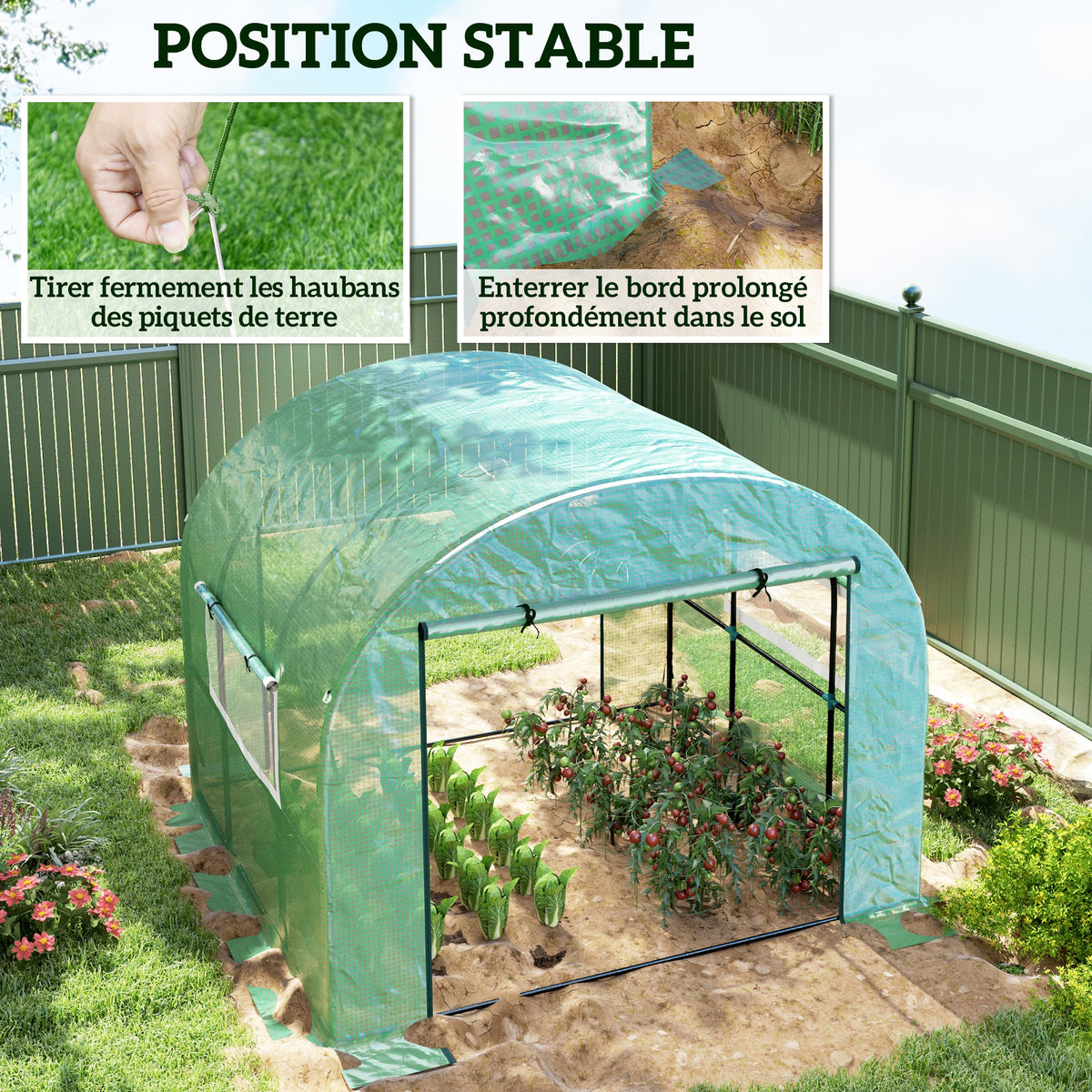 Serre de jardin serre tunnel de jardin 9m² PE Haute densité 135 g/m², avec 2 portes zippées 300 x 300 x 200 cm, vert