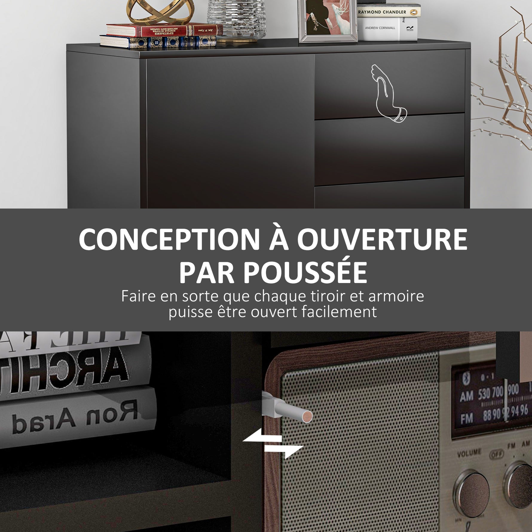 Commode Buffet Meuble de Rangement 2 tiroirs 2 Portes avec étagère 79 x 36 x 74 cm noir brillant