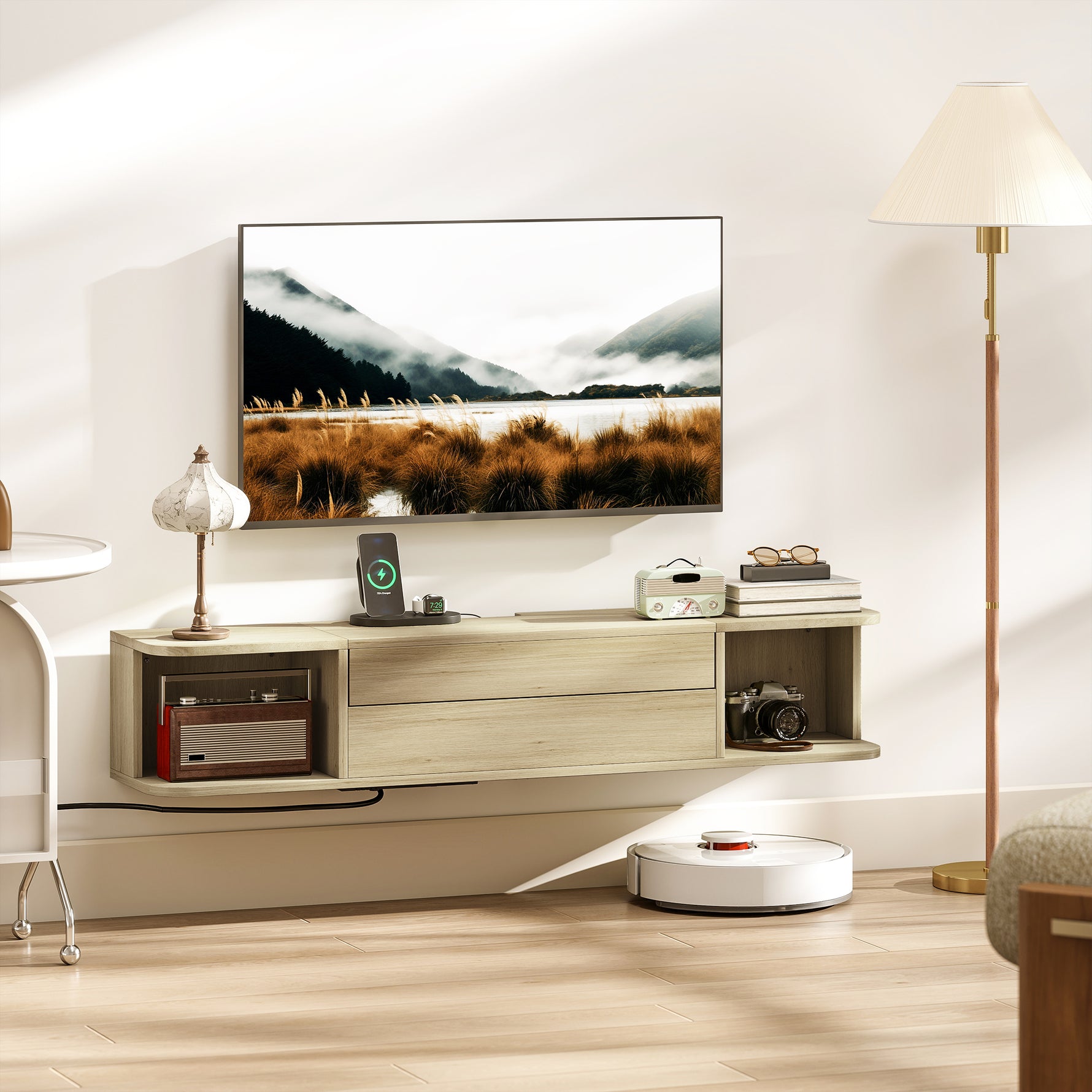 Meuble TV suspendu meuble télé pour téléviseur 50 pouces tiroir étagères passe-câbles 120x24x22,4cm effet bois naturel