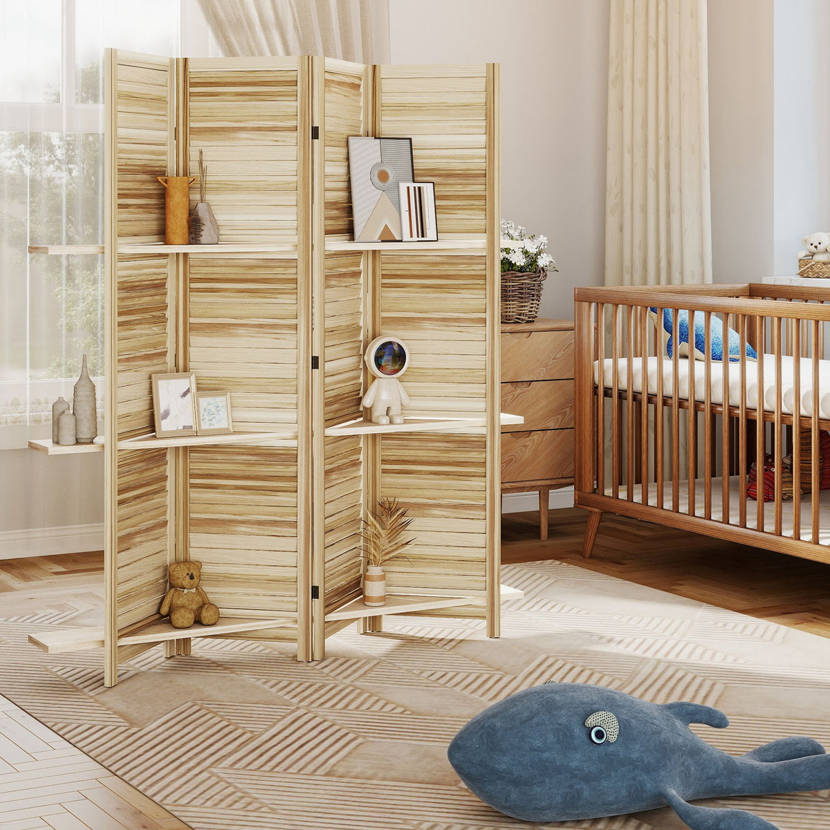 Paravent intérieur en bois 4 panneaux 160 x 170 cm, séparateur de pièce pliable avec 3 étagères, bois naturel