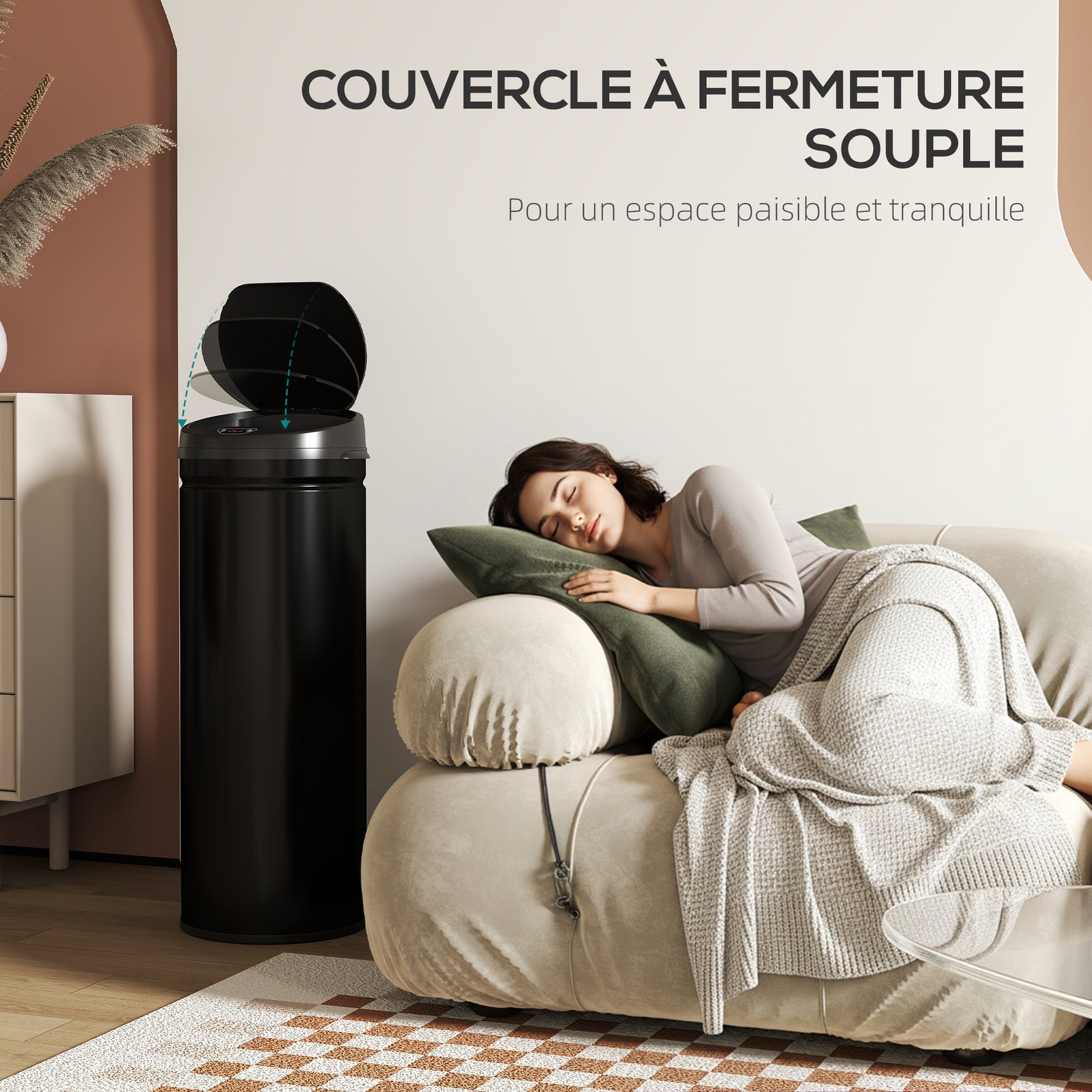 Poubelle cuisine automatique 50L acier inoxydable, poubelle à couvercle à fermeture en douceur, 30,5x30,5x85cm, noir