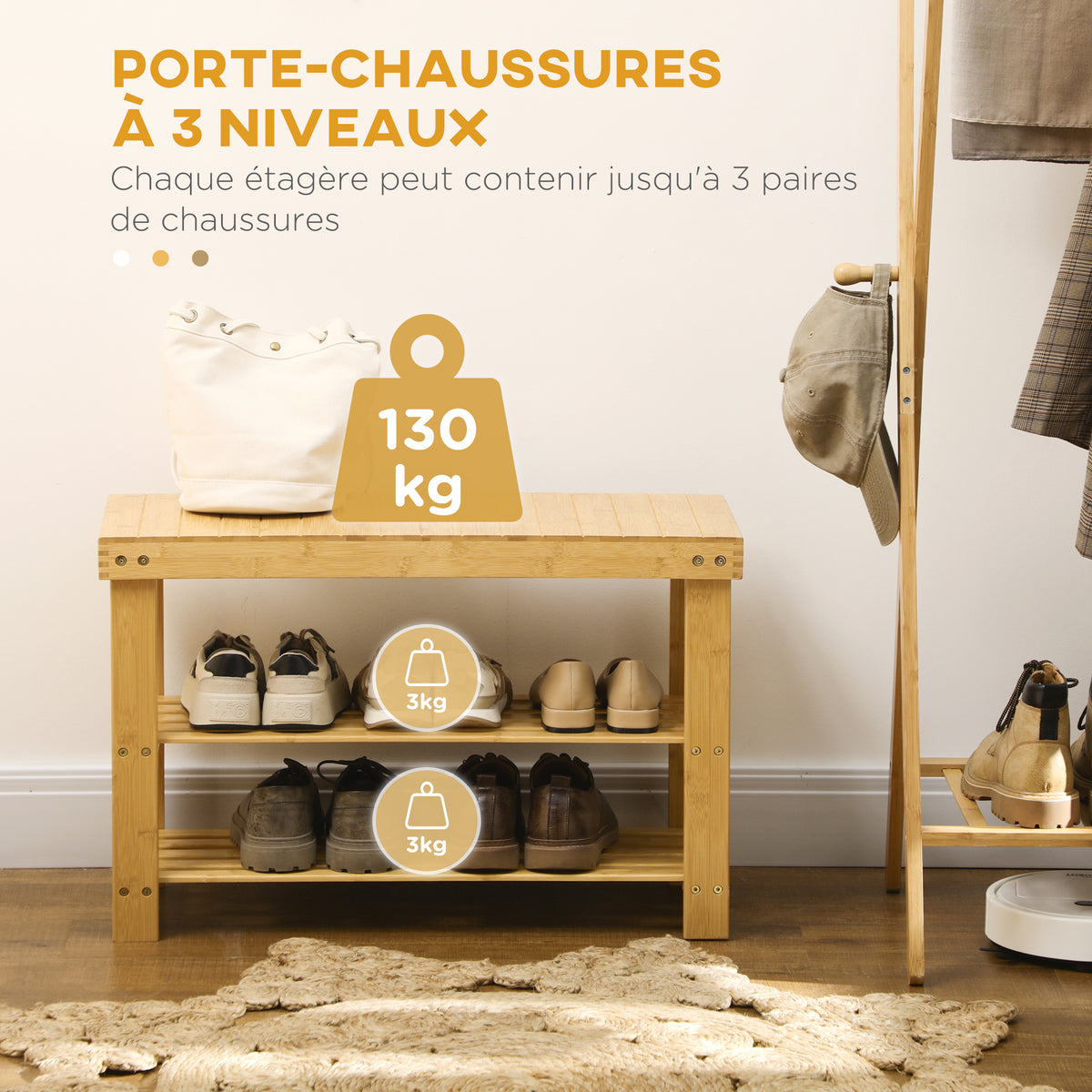 Banc avec meuble à chaussures étagères en bambou dim. 70L x 28l x 45H cm bois naturel