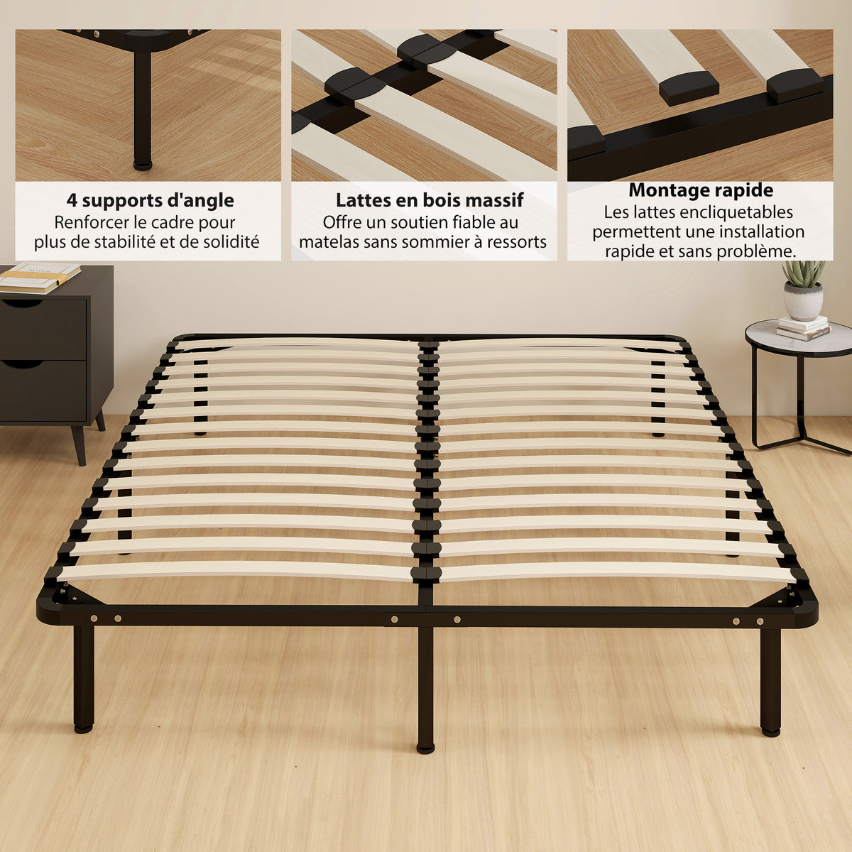 Bettrahmen 160 x 190 cm, Doppelbett aus Massivholz mit Lattenrost und Fußteil, Stauraum darunter, schwarz