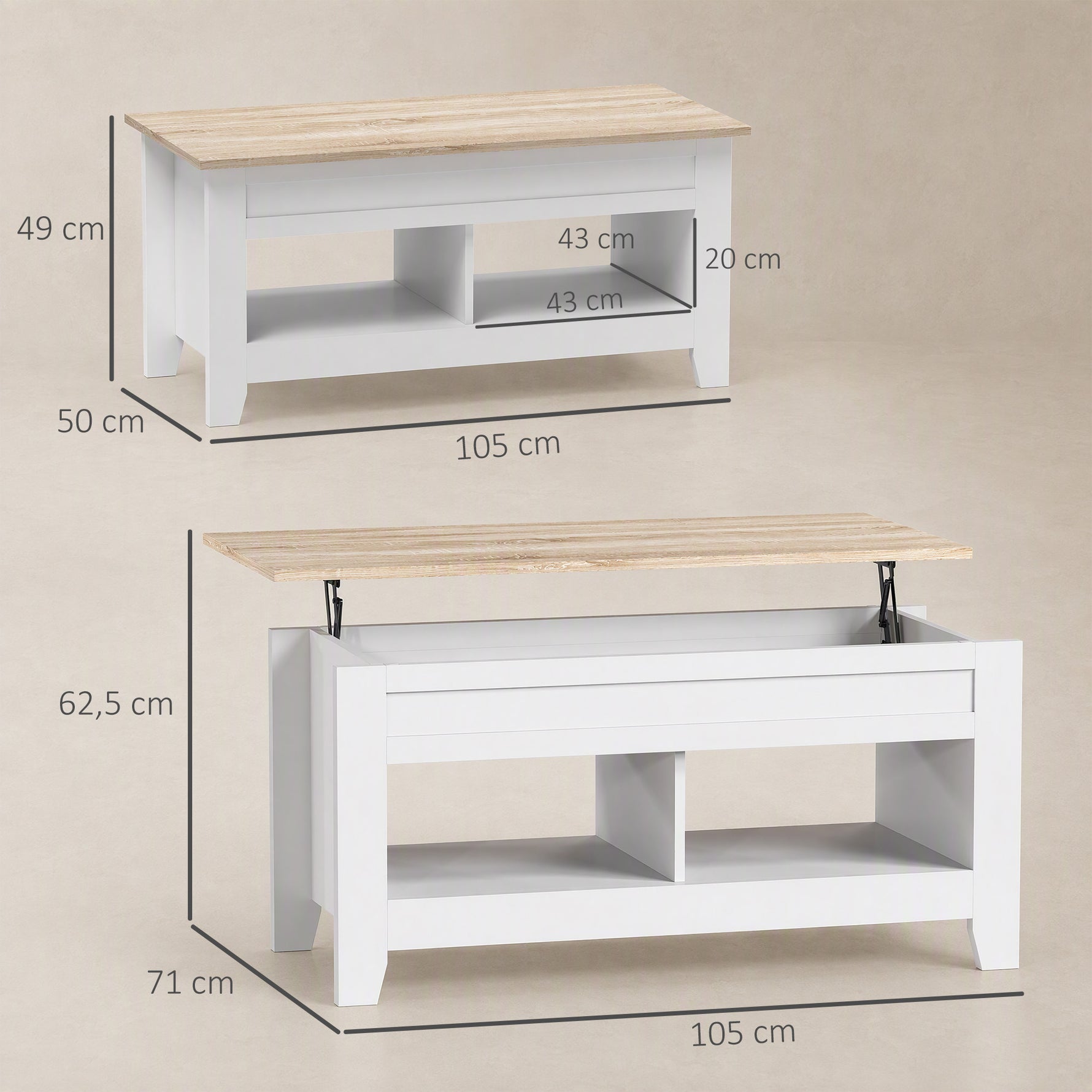 Table basse plateau relevable, table de salon avec étagères et compartiment caché,105 x 50 x 49-62,5 cm blanc