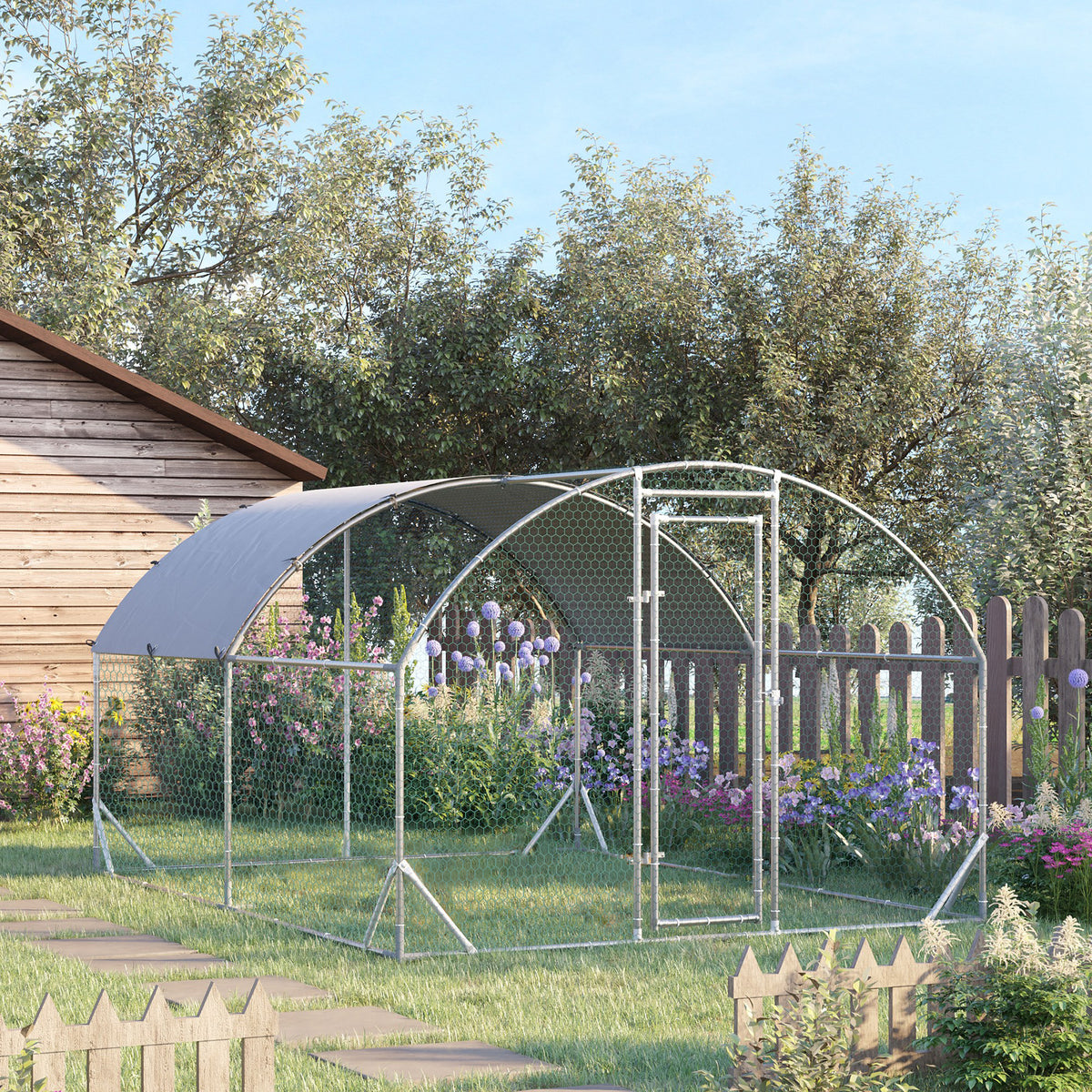 Grande voliera per polli 10,64 m² recinto recintato tetto anti-UV porta bloccabile 2,8 x 3,8 x 1,97 m argentato