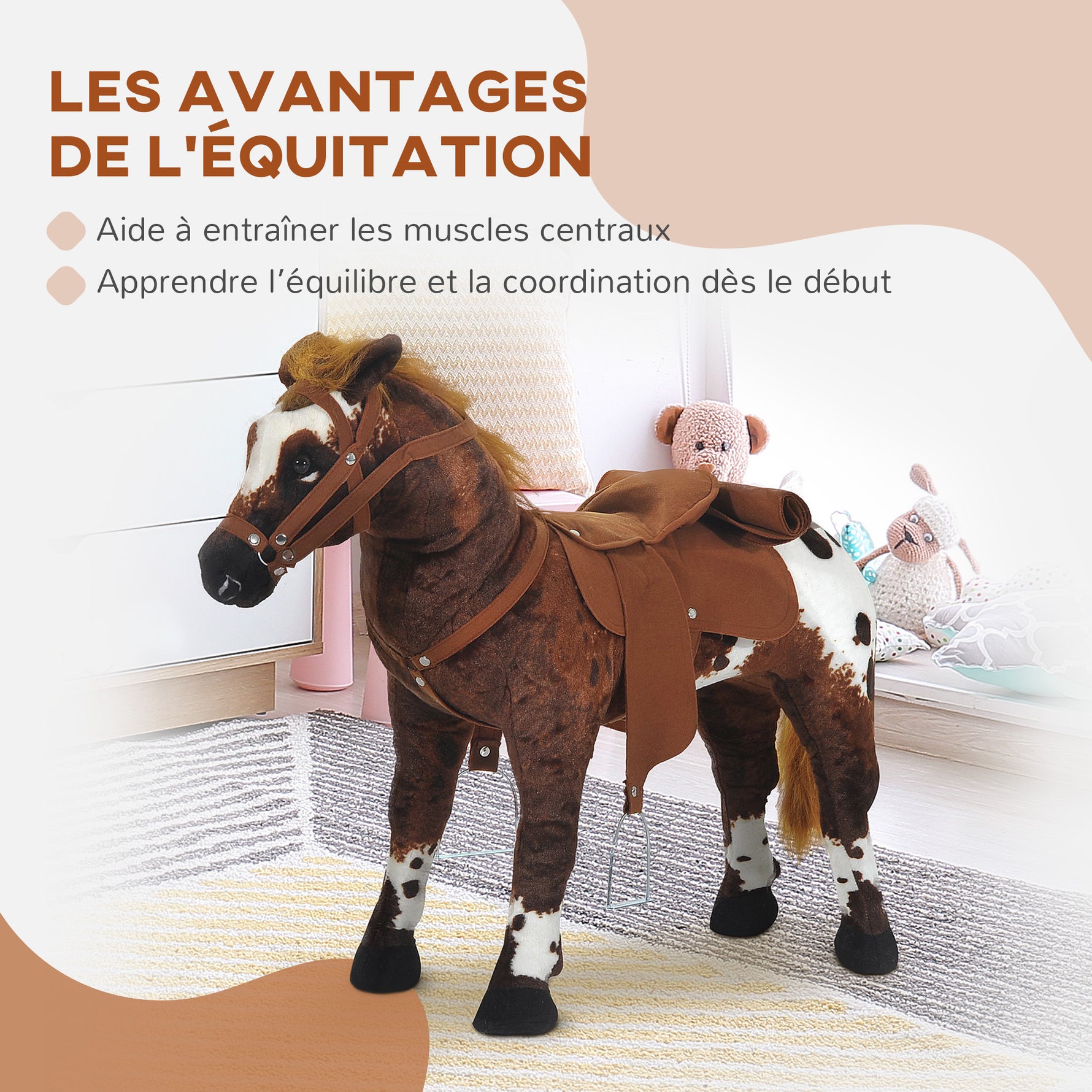 Cheval Debout en Peluche Effets sonores hennissement et Galop Selle étrier rênes 85L x 28l x 60H Marron Blanc
