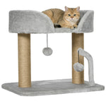 Designer cat scratching tree with 2 hanging pom-pom toys, 2 jute-covered posts, plush platform, jute, 48 x 38 x 42 cm, grey