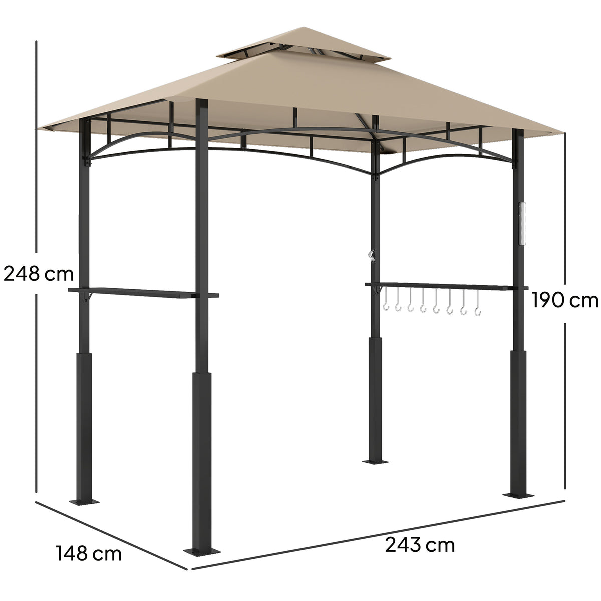 Tonnelle de barbecue à deux niveaux auvent de réception pour jardin avec lumière LED 243 x 148 x 248 cm kaki